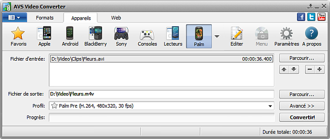 Fenêtre principale d'AVS Video Converter - pour Palm