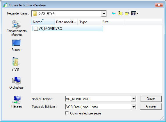 Sélectionner les fichiers vidéo VRO