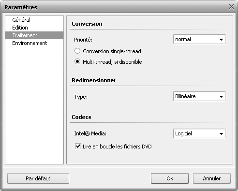 fenêtre Paramètres. onglet Traitement