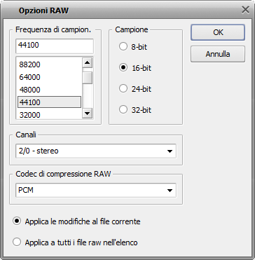 Finestra Opzioni RAW