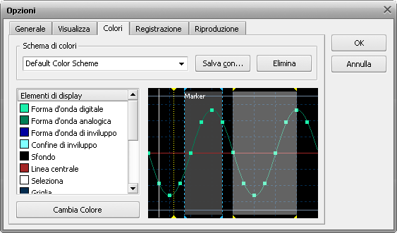 Finestra Opzioni. Scheda Colori