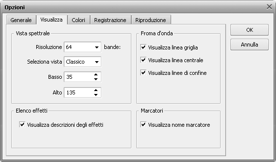 Finestra Opzioni. Scheda Visualizza