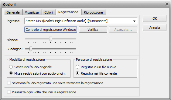 Finestra Opzioni. Scheda Registrazione