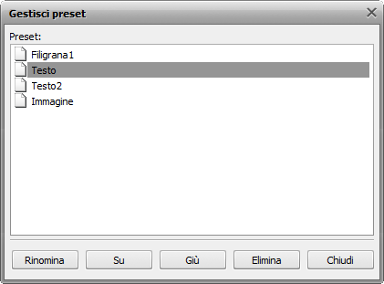 Finestra Gestisci preset