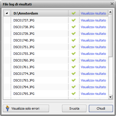 Finestra File log dei risultati