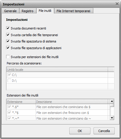 Impostazioni dei file inutili