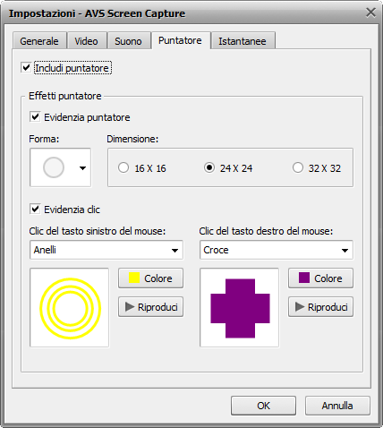 Impostazioni di registrazione. Scheda Cursore del mouse