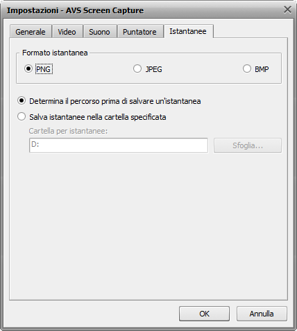 Impostazioni di registrazione. Scheda Istantanee