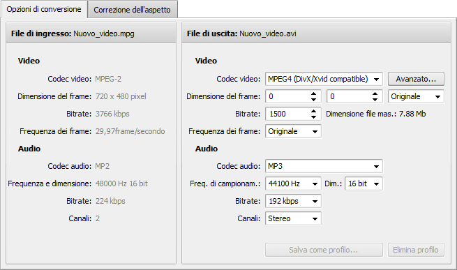 Scheda Opzioni di conversione - AVI