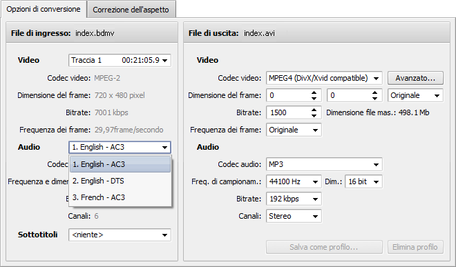 Selezione di una traccia audio