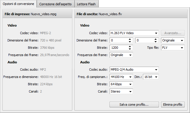 Scheda Opzioni di conversione - FLV