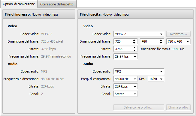 Scheda Opzioni di conversione - MPEG