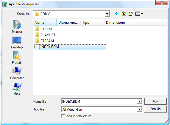 Selezione del file video BDM