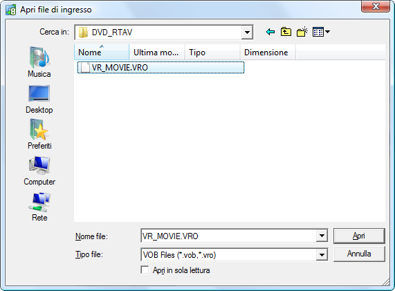 Selezione dei file video VRO