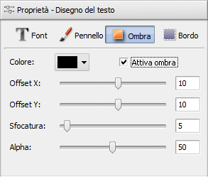 Finestra dei parametri di testo. Ombra