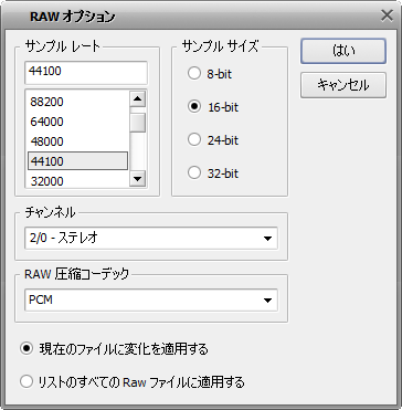 AVS Audio Converer - RAW オプション ウィンドウ